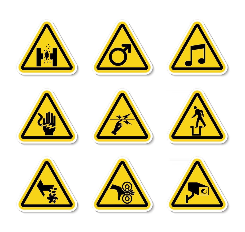 Las etiquetas de símbolos de peligro de advertencia triangular firman aislar sobre fondo blanco, ilustración vectorial vector