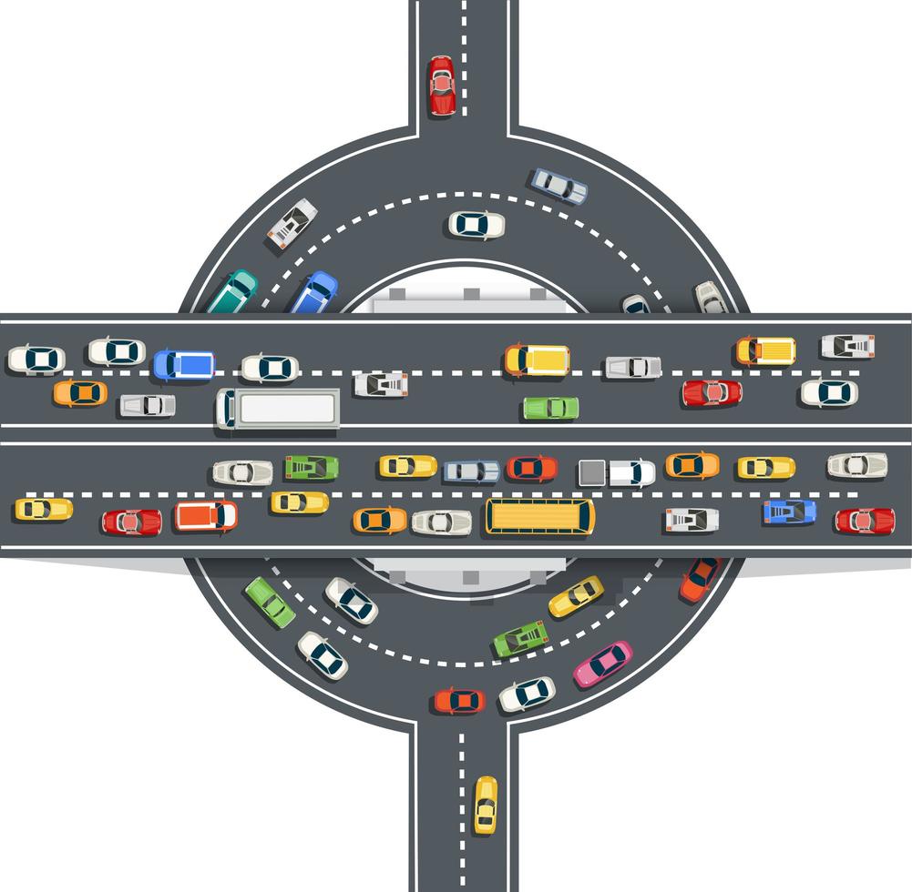 Road top view with highways many different vehicles vector