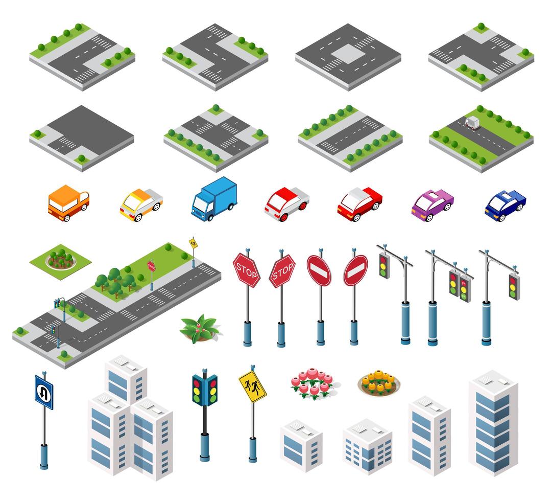 Isometric set building houses icons of blocks module of areas vector