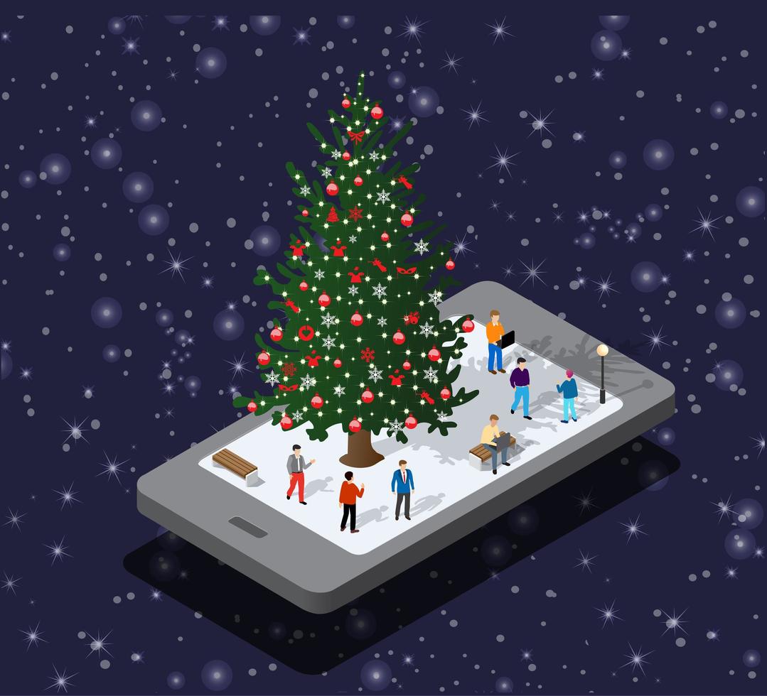 Phone concept of winter holiday module block city fir vector