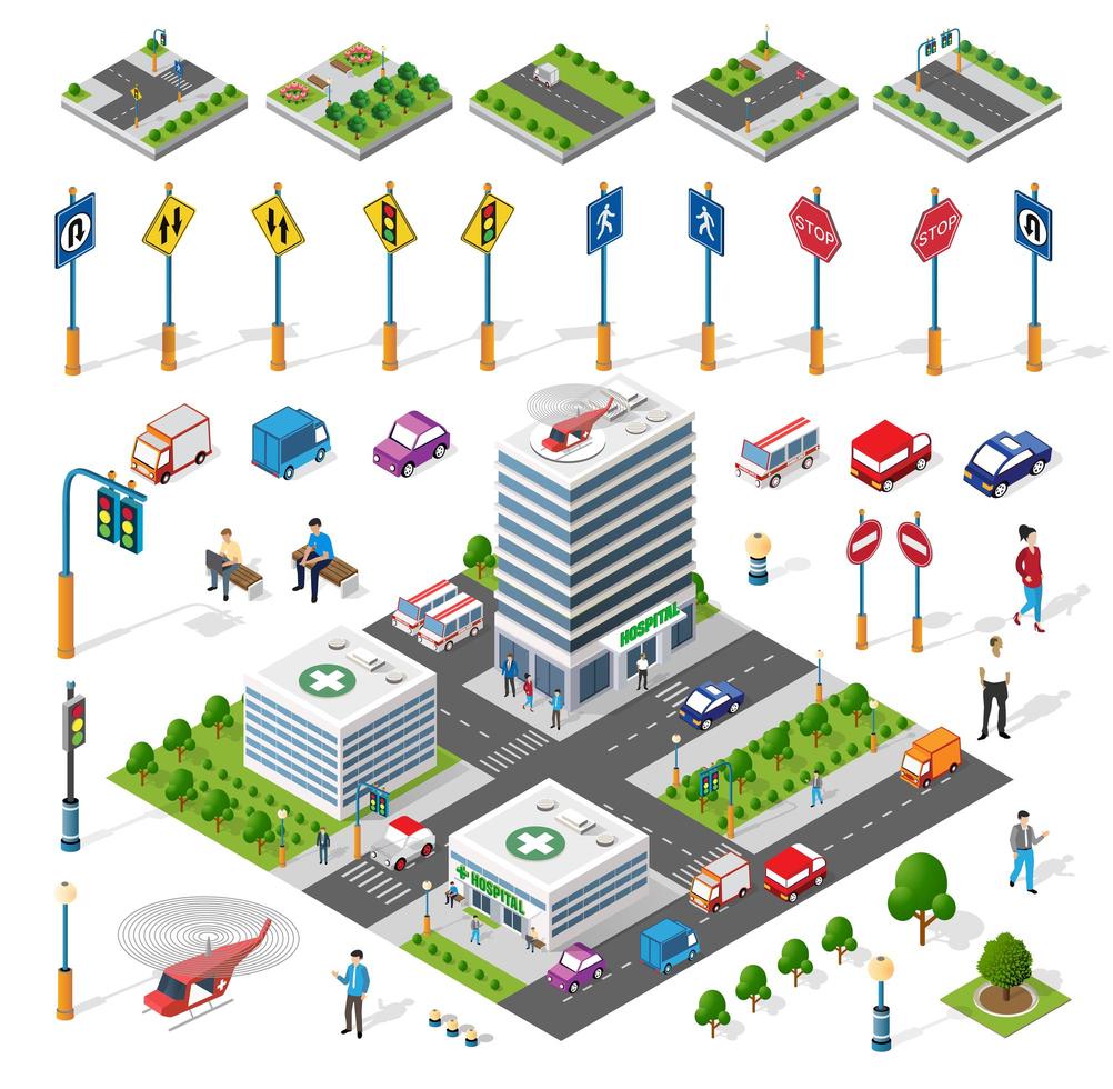 Isometric set building houses icons of blocks module vector