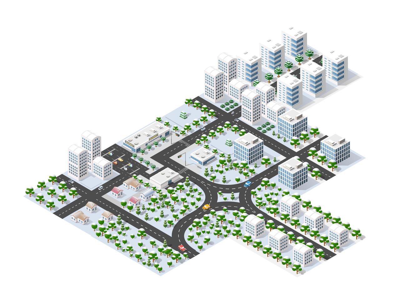 árbol de la ciudad de invierno una ciudad isométrica con calles, ilustración 3d vector