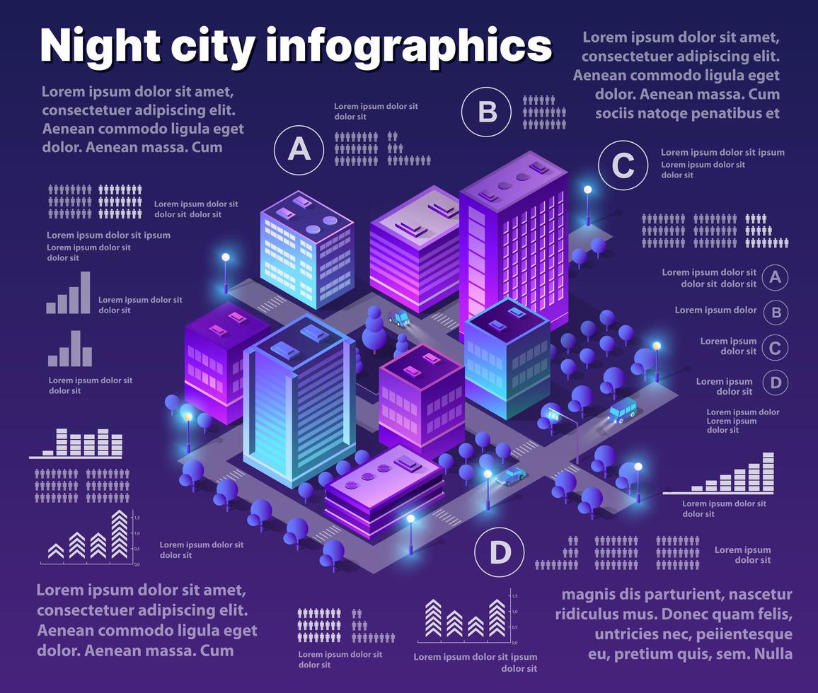 Isometric neon city infographics of violet colors 3d building modern town vector