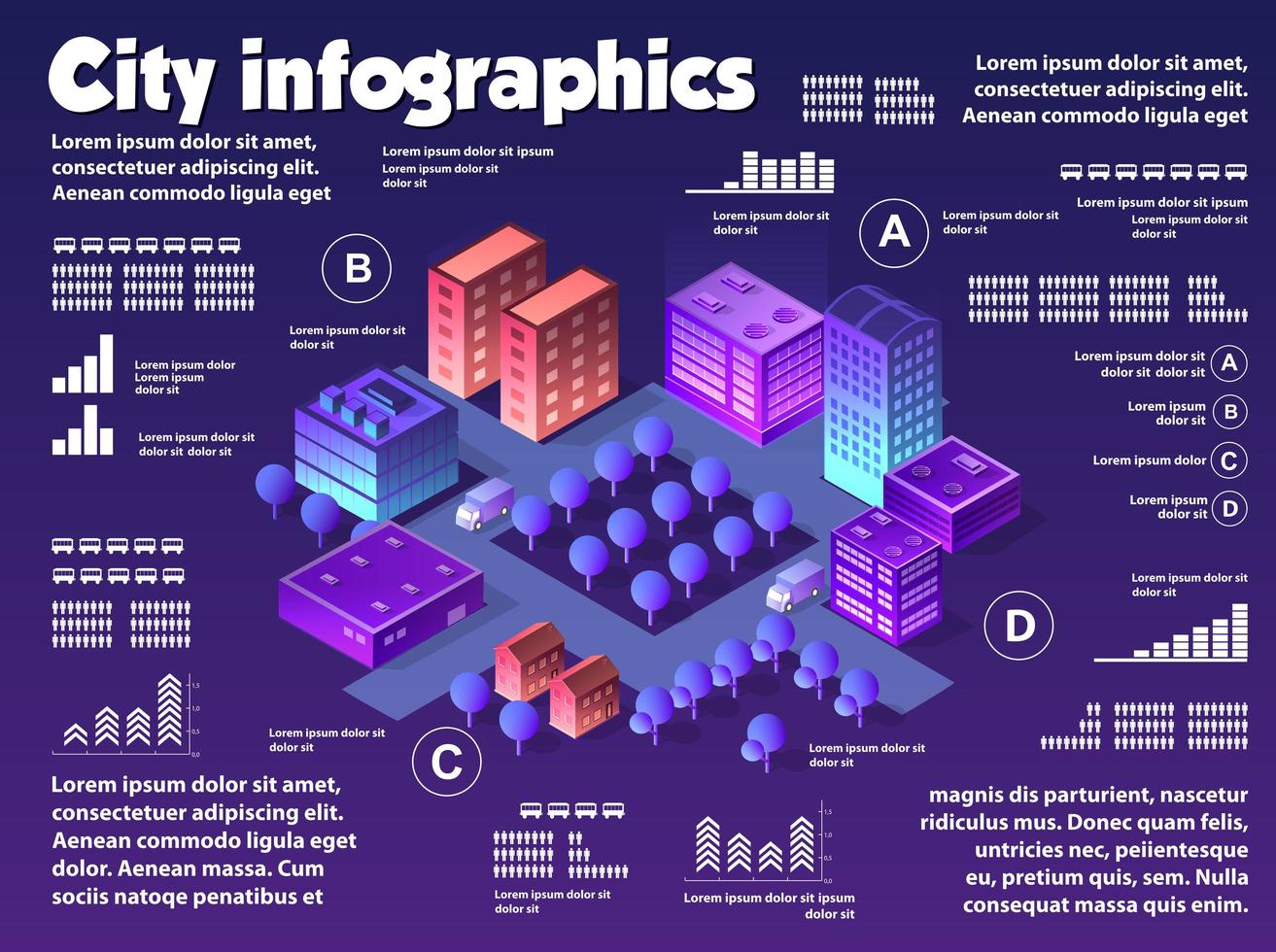Infografía isométrica de la ciudad de neón de colores violetas. vector