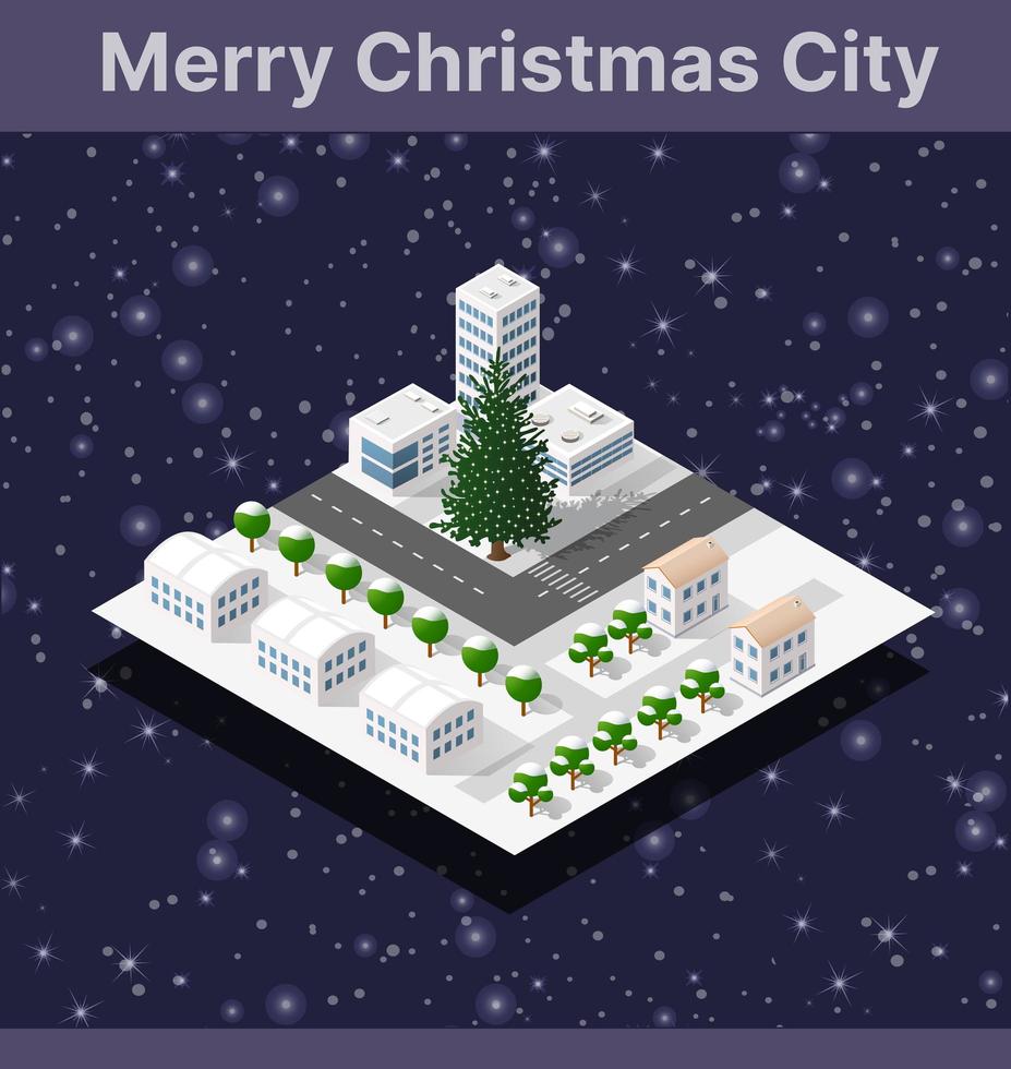 árbol de navidad de invierno, año nuevo es una ciudad isométrica con calles, carreteras, casas y transporte. vector
