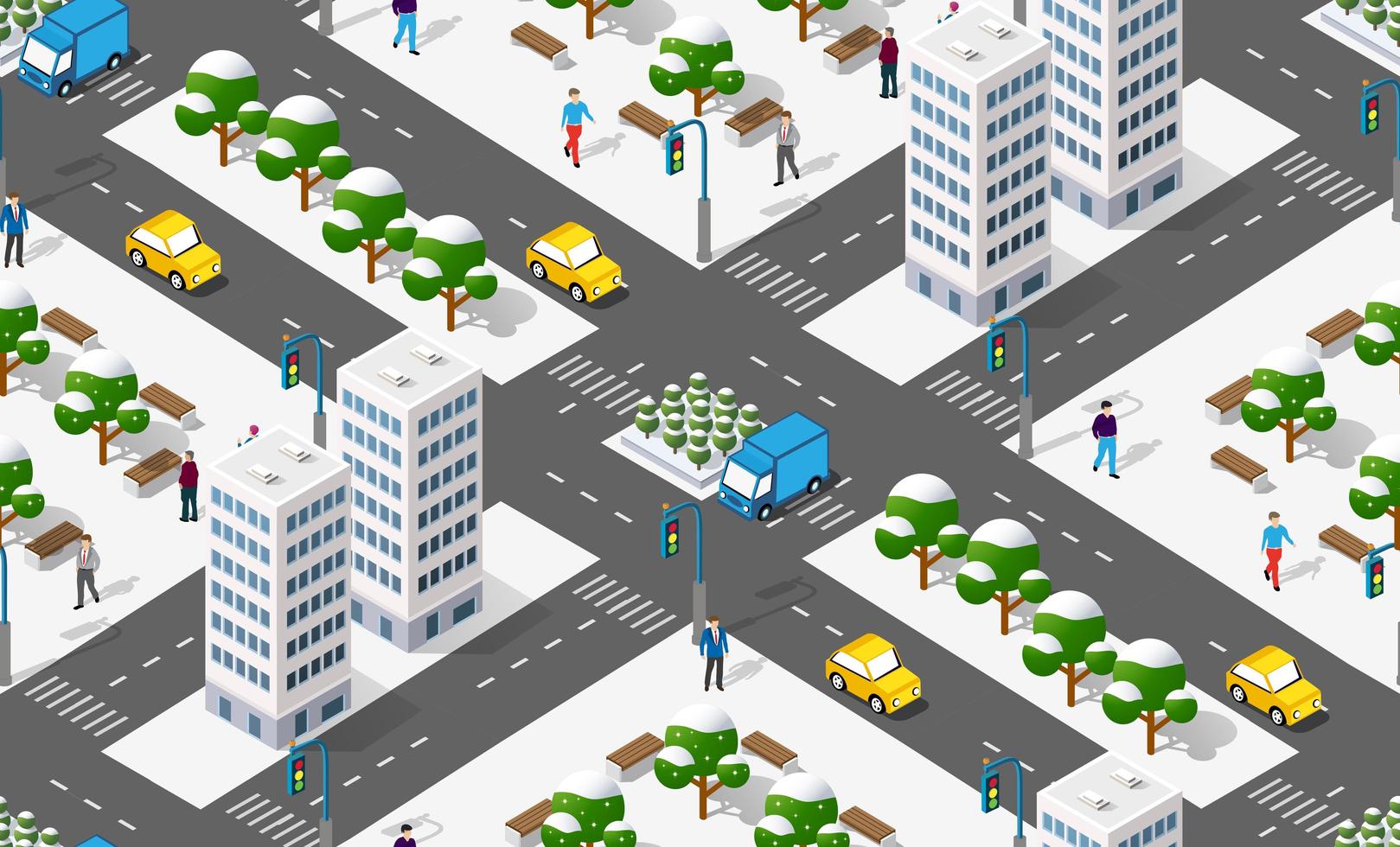 ciudad isométrica con carreteras con calles casas e ilustración de infraestructura urbana. vector