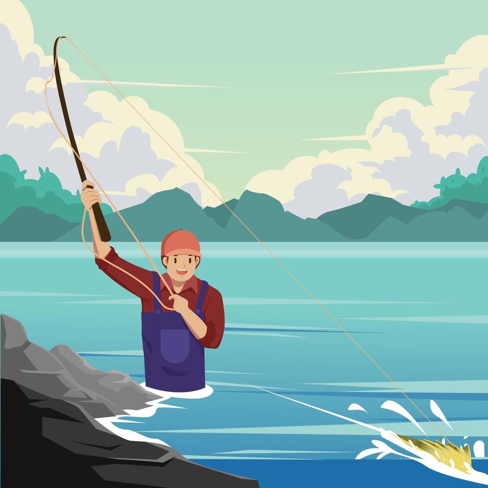 Man Fishing in a River vector
