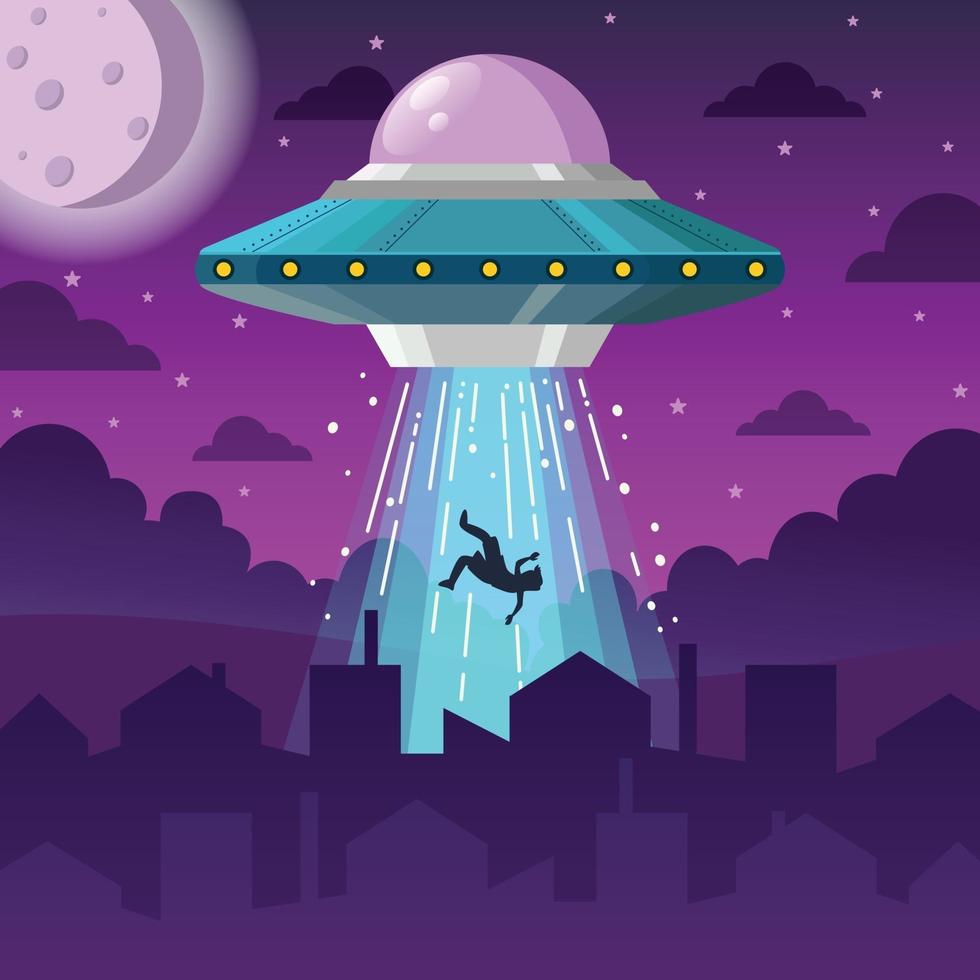 UFO Spaceship Abducts Man at nNght vector