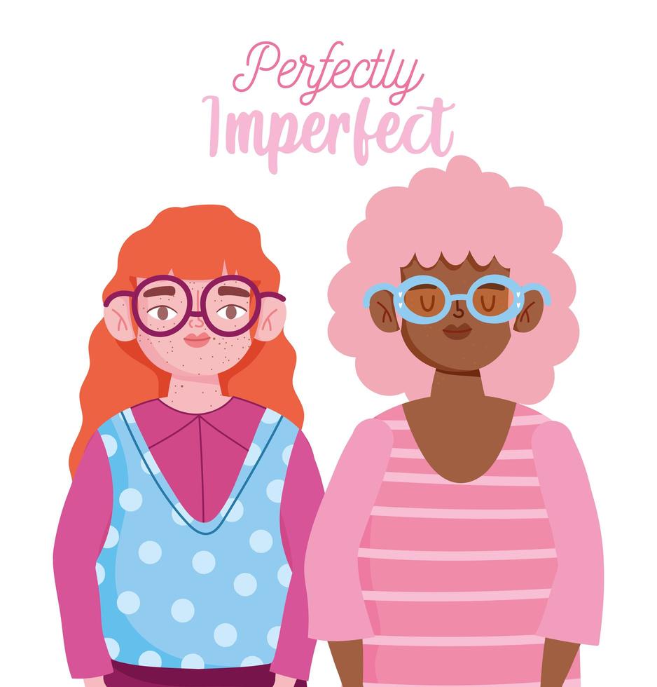 perfectly imperfect, cartoon women portrait characters together vector