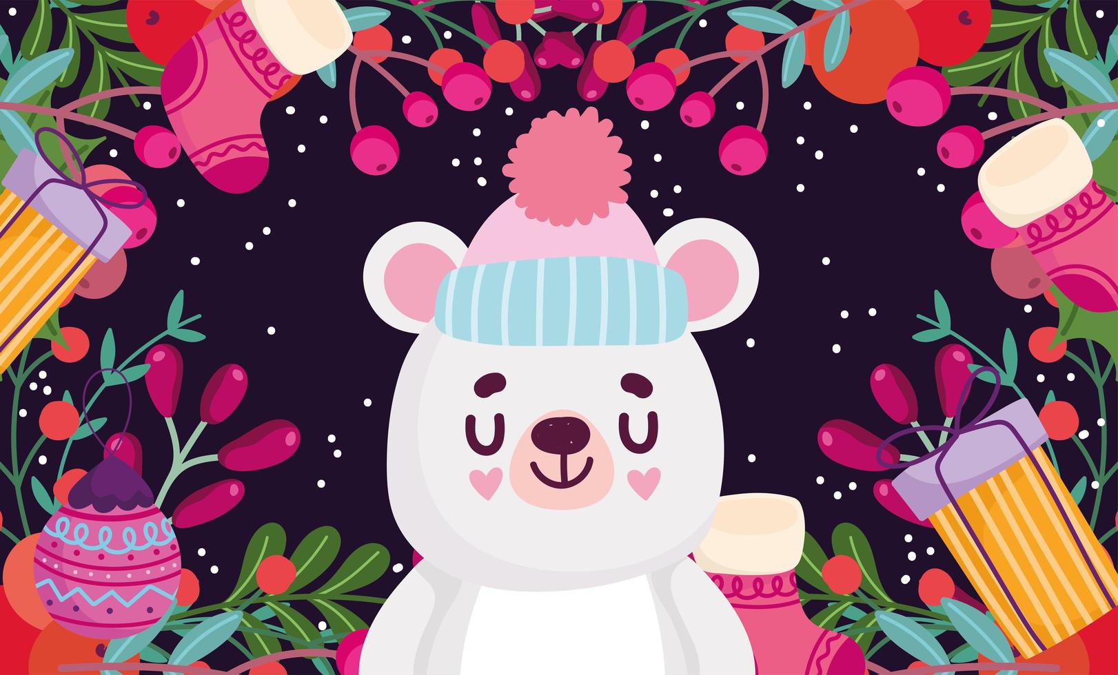 feliz navidad, lindo oso con regalos, bolas de calcetín y tarjeta de decoración de follaje de bayas de acebo vector
