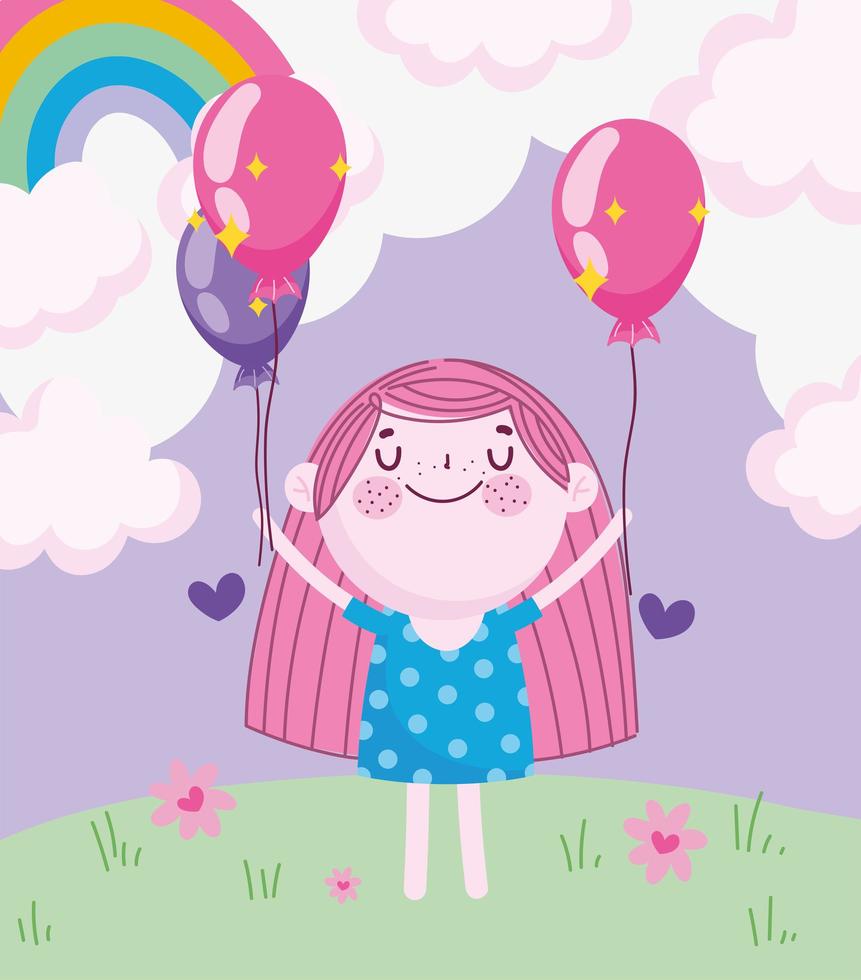 día del niño, niña de dibujos animados con globos arcoiris en la hierba vector