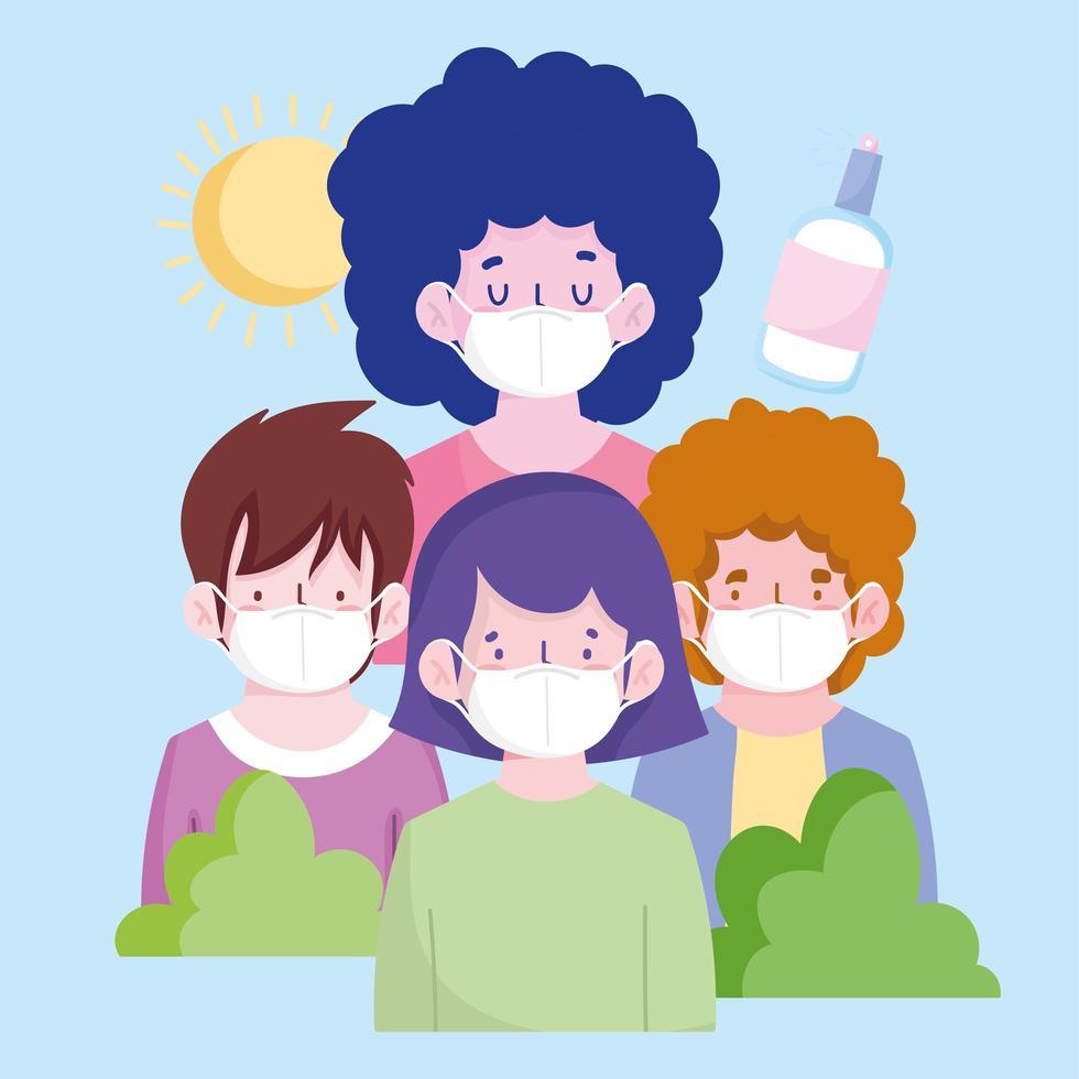 new normal, people with protective masks and sanitizer hands product vector