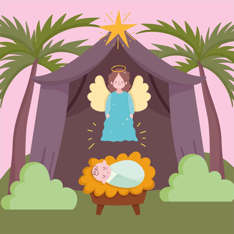 natividad, lindo bebé jesús y ángel en la cabaña de dibujos animados vector