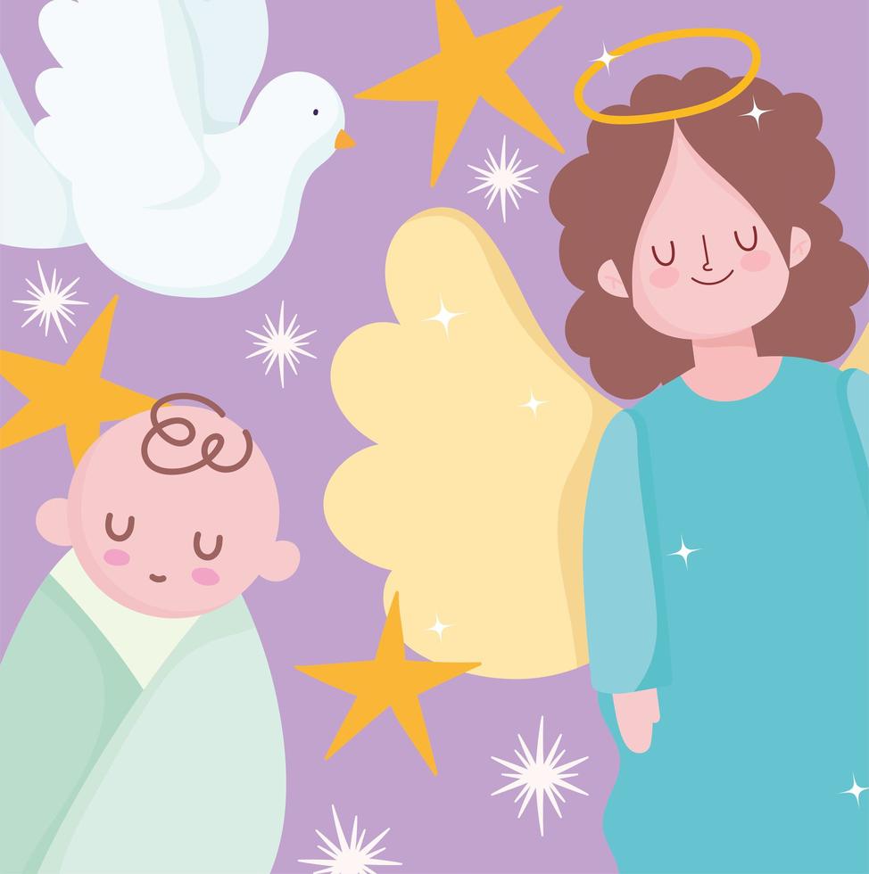 nativity, manger cute baby jesus and angel cartoon vector