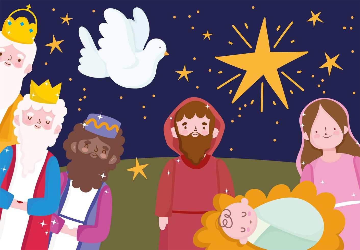 natividad, pesebre dibujos animados familia reyes sabios paloma y estrella vector