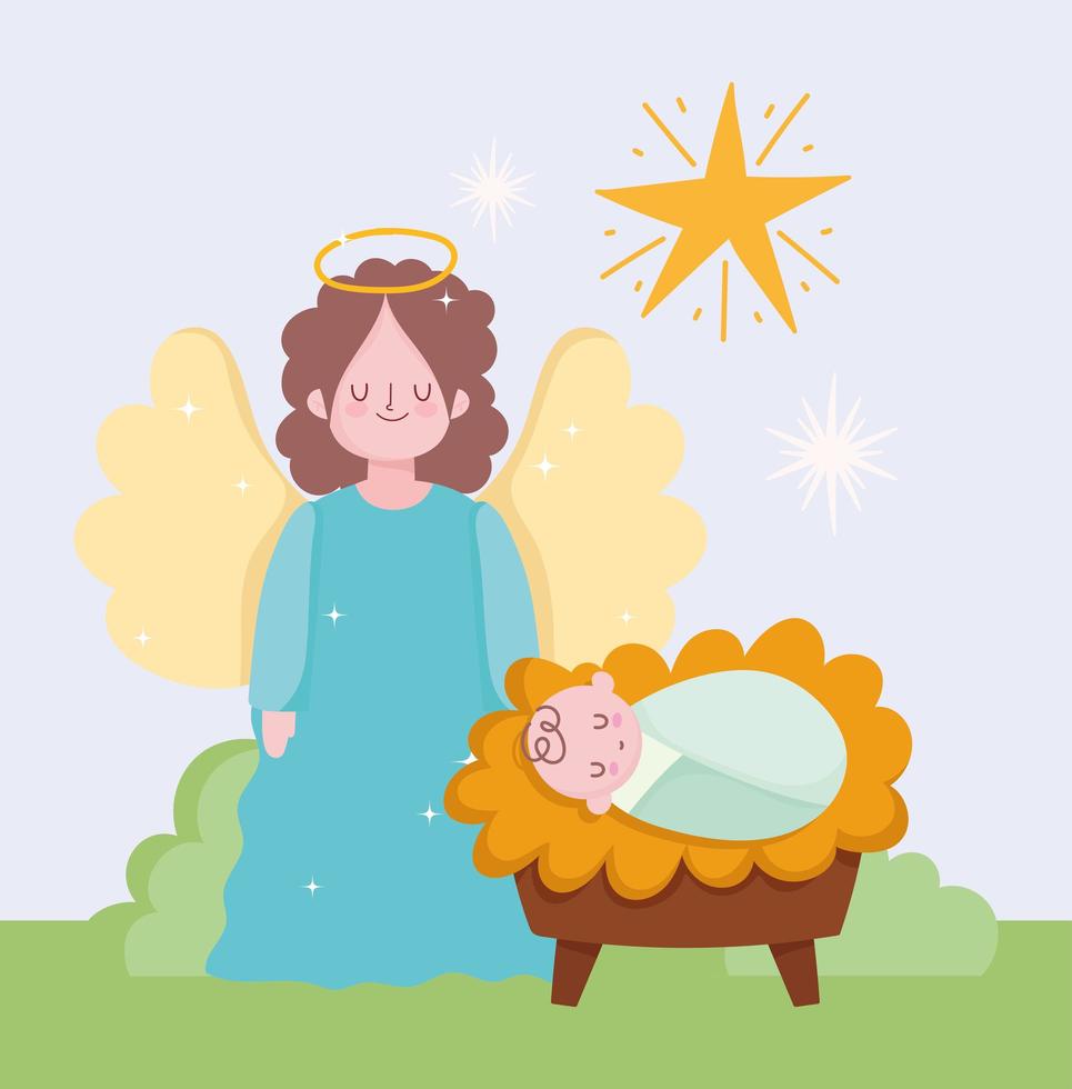 natividad, lindo bebé jesús ángel y estrellas de dibujos animados vector