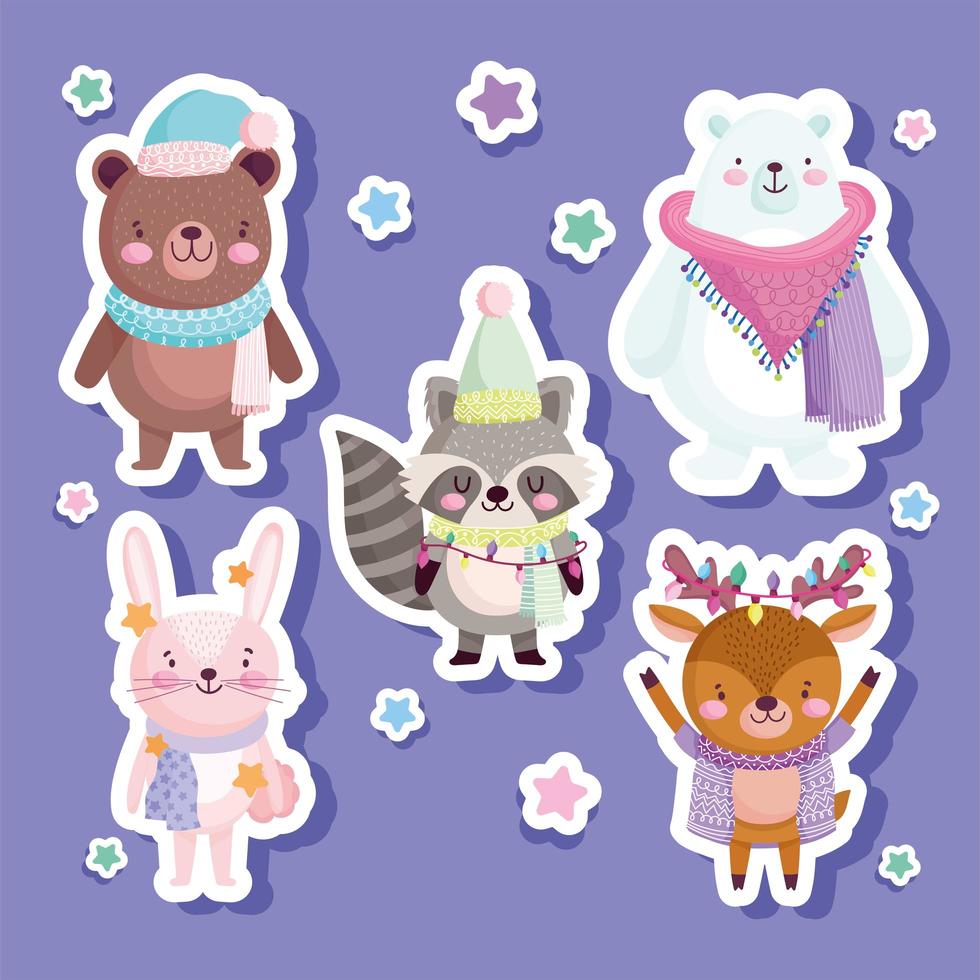 merry christmas, cute bear rabbit reindeet raccoon animal stars, stickers vector