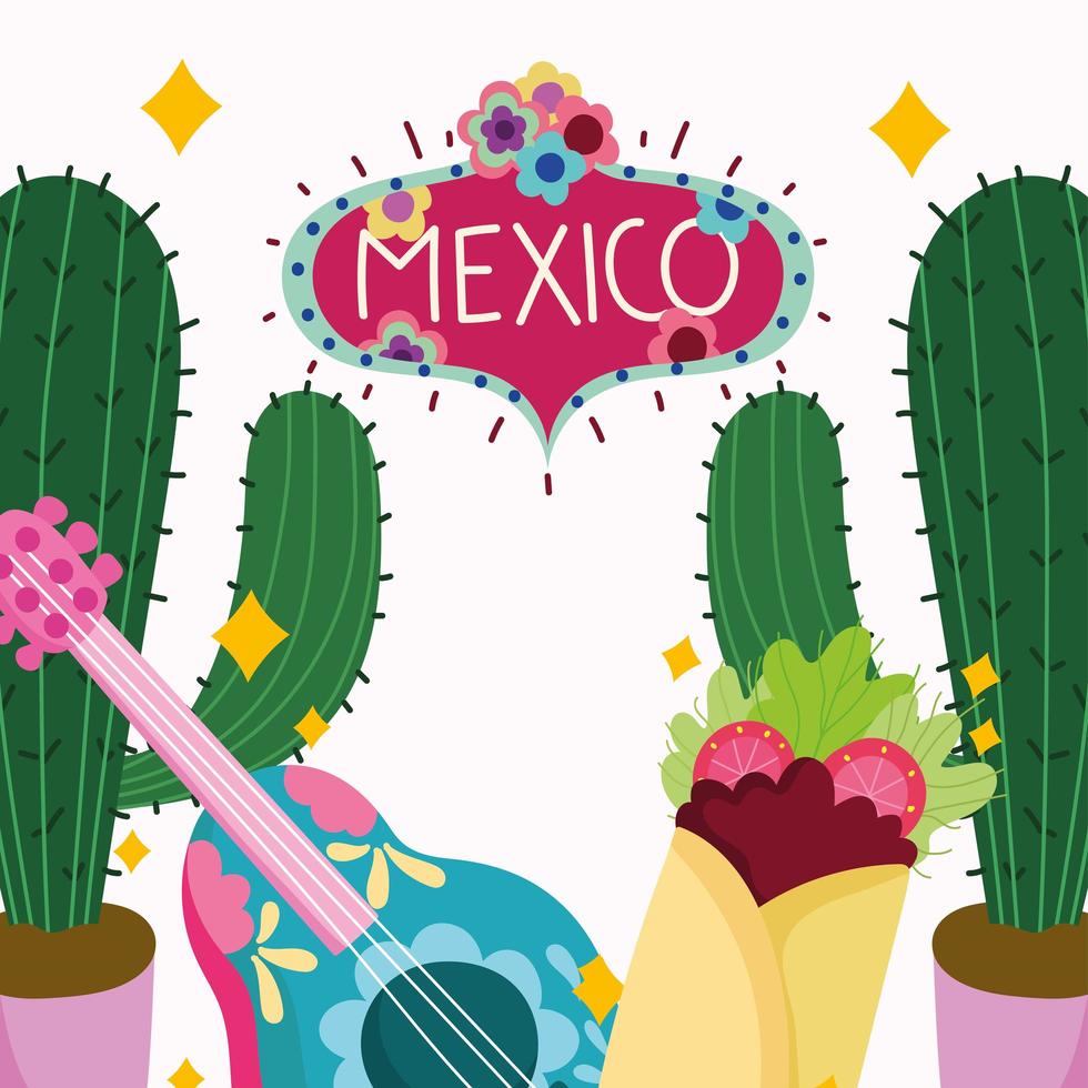 mexico lettering with flowers guitar burrito and cactus decoration culture vector