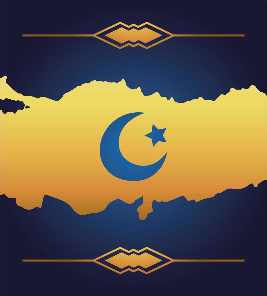 día de la república de turquía, elegante mapa dorado frontera luna y estrella tarjeta de felicitación vector