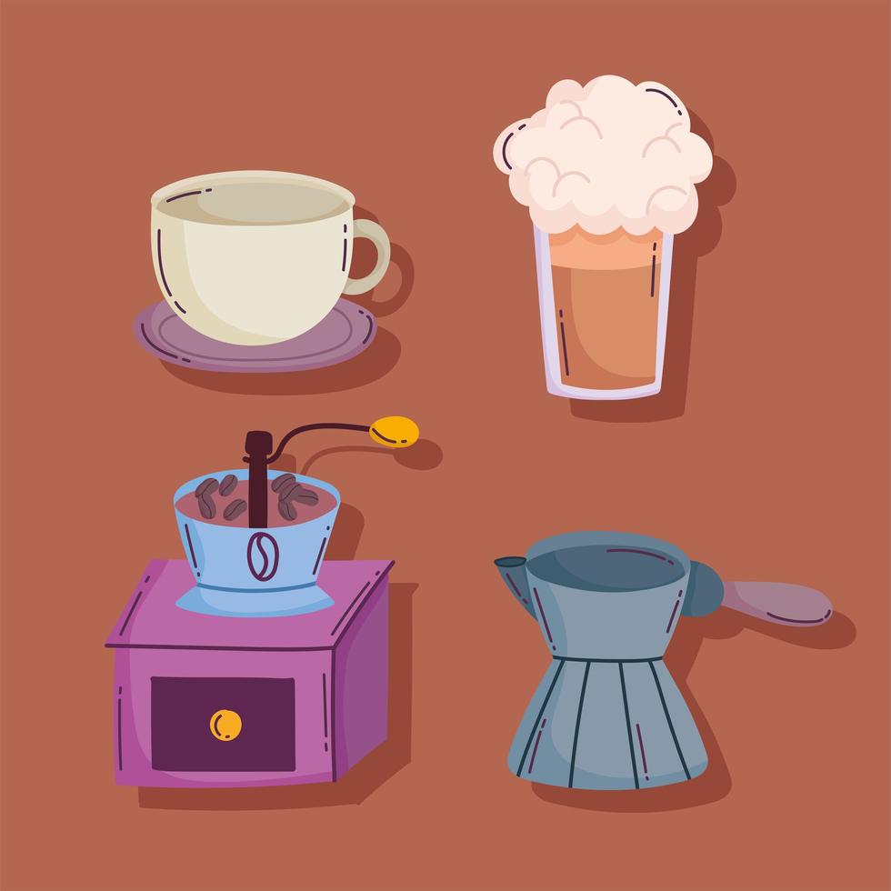 coffee brewing methods, moka pot grinder and cezve turkish and cups vector