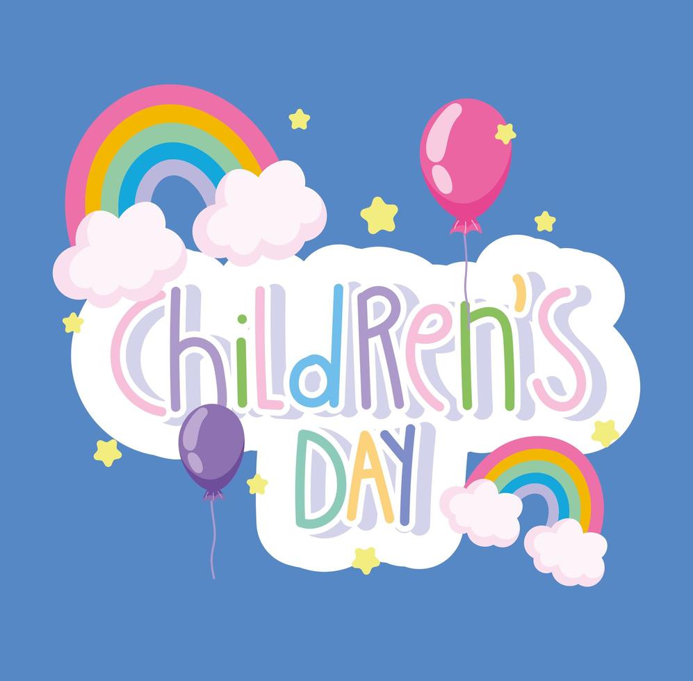 día del niño, arco iris de tarjetas de felicitación y dibujos animados de globos vector