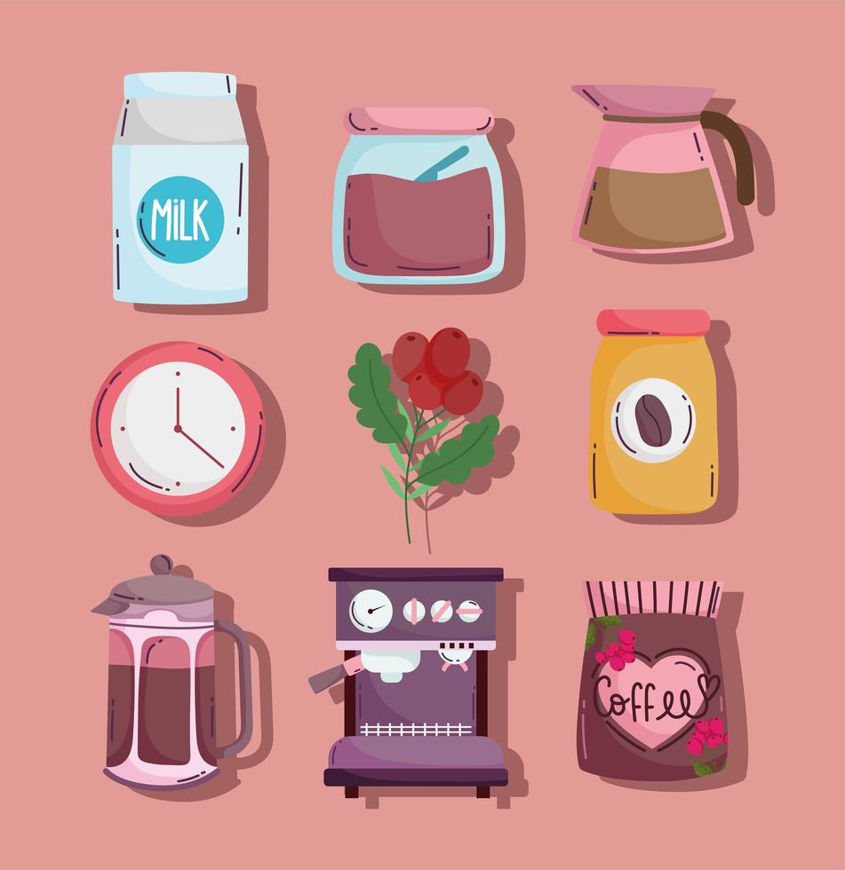 coffee brewing methods, set icons kettle machine maker sugar milk and clock vector