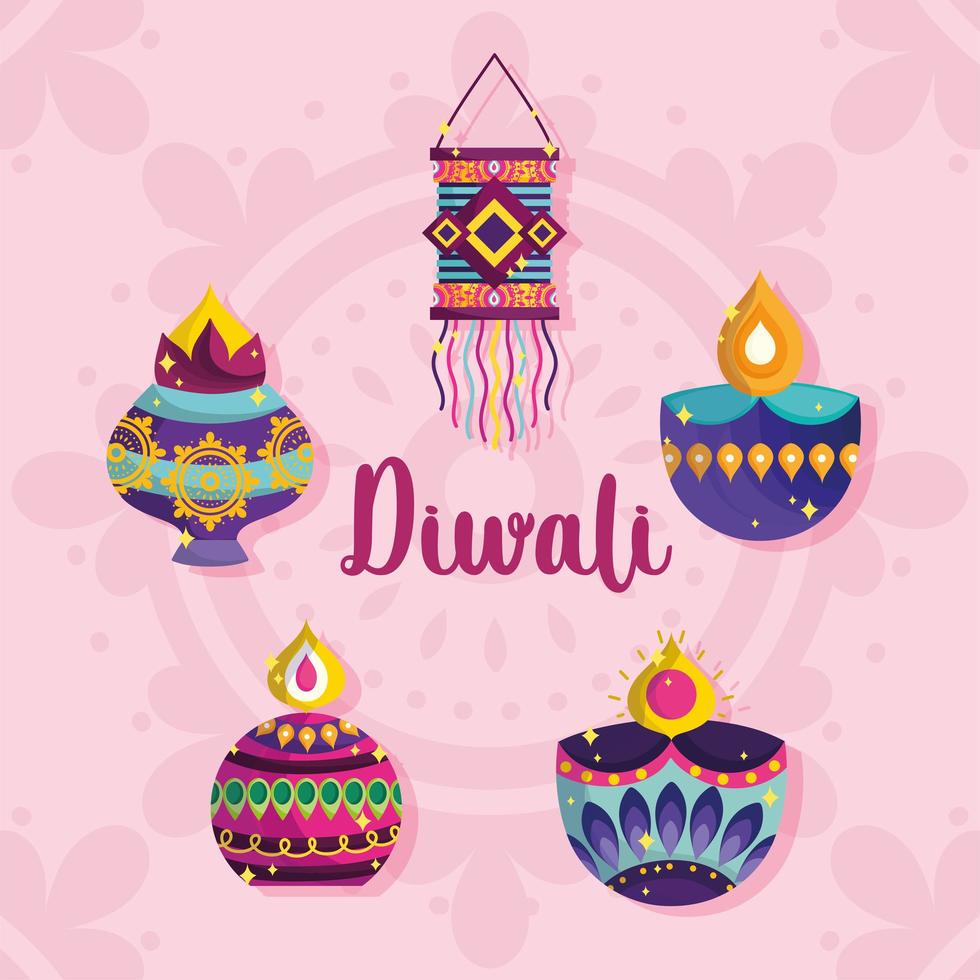 feliz festival de diwali, diya lámparas linternas ornamento decoración tarjeta detallada vector