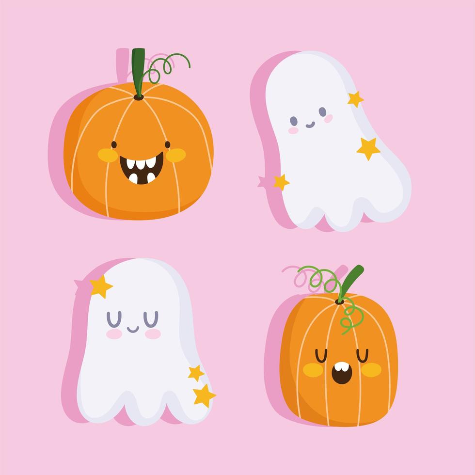 happy halloween, funny ghosts and pumpkins cartoon trick or treat party celebration vector