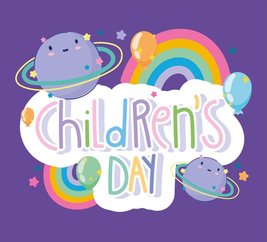 día del niño, divertidas letras de colores planetas globos arco iris decoración dibujos animados vector