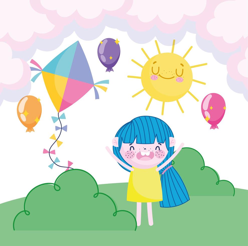 día del niño, niña feliz con globos cometa sol cielo y hierba dibujos  animados 2777376 Vector en Vecteezy