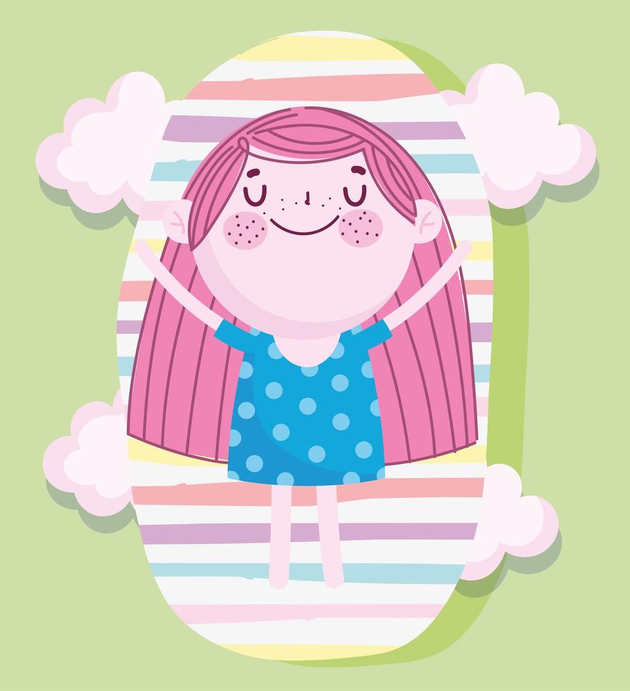 childrens day, cute girl with hands up, stripes background cartoon vector