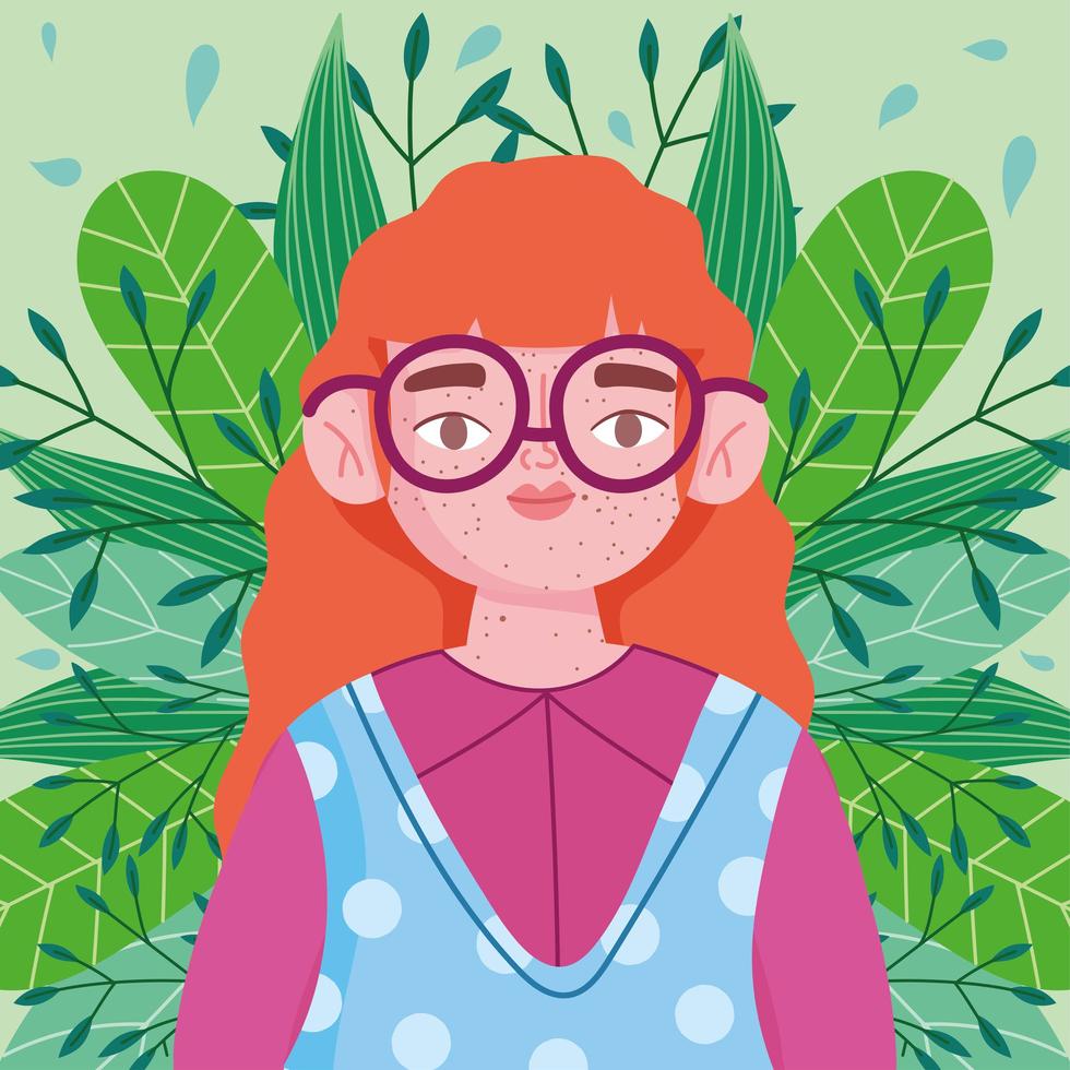 perfectamente imperfecta, niña de dibujos animados con gafas, follaje deja el fondo vector