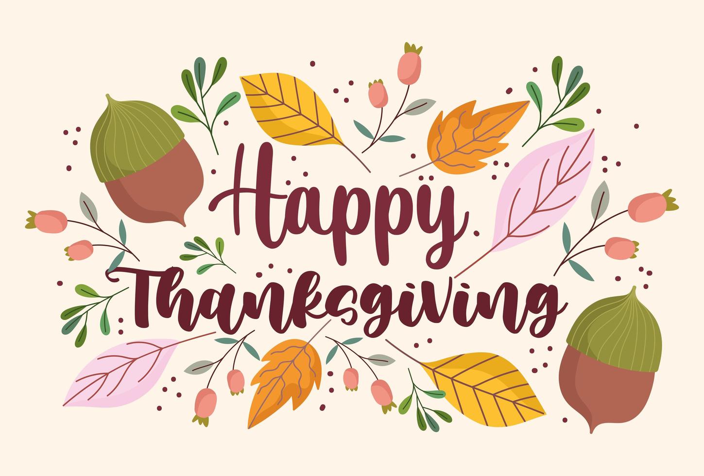 happy thanksgiving foliage leaves acorns floral decoration card vector