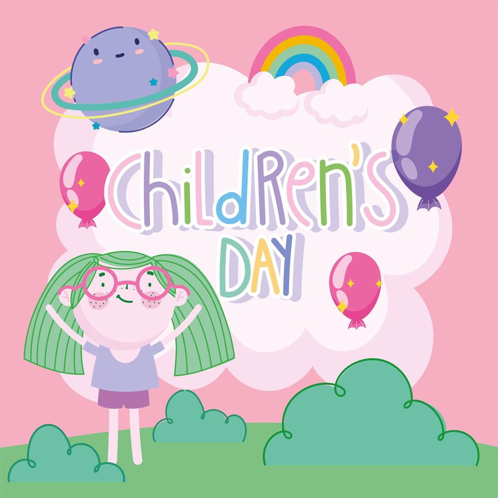 día del niño, niña linda de dibujos animados con globos de pelo verde decoración del planeta del arco iris vector