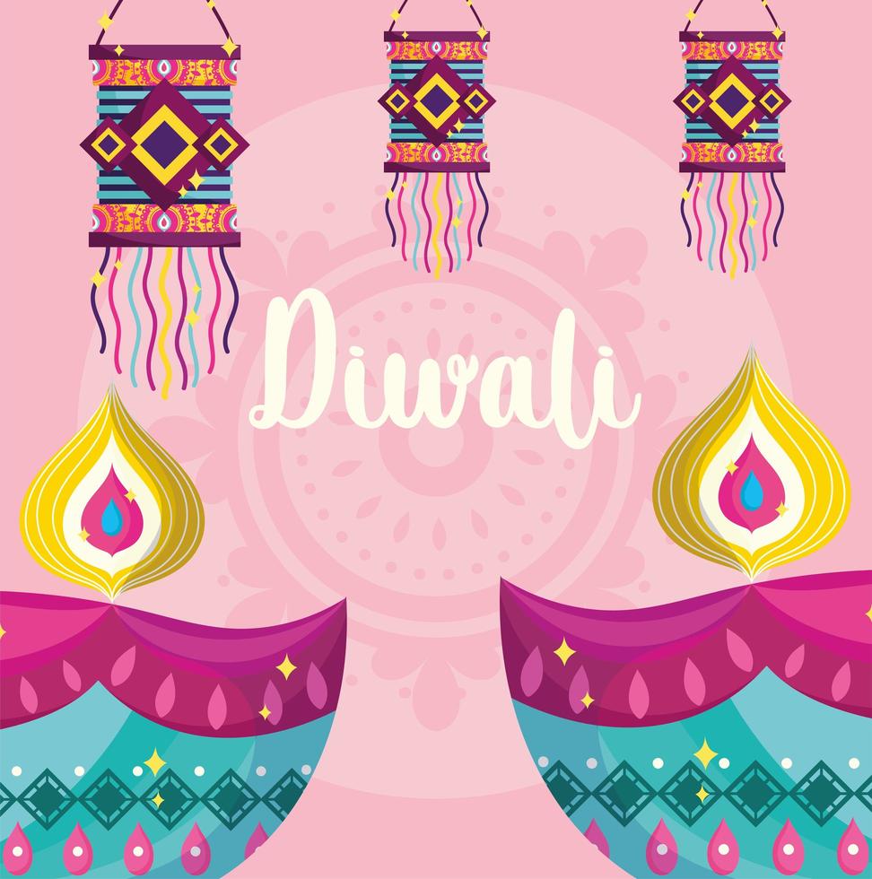 happy diwali festival, diya lamps and hanging lanterns decoration detailed vector