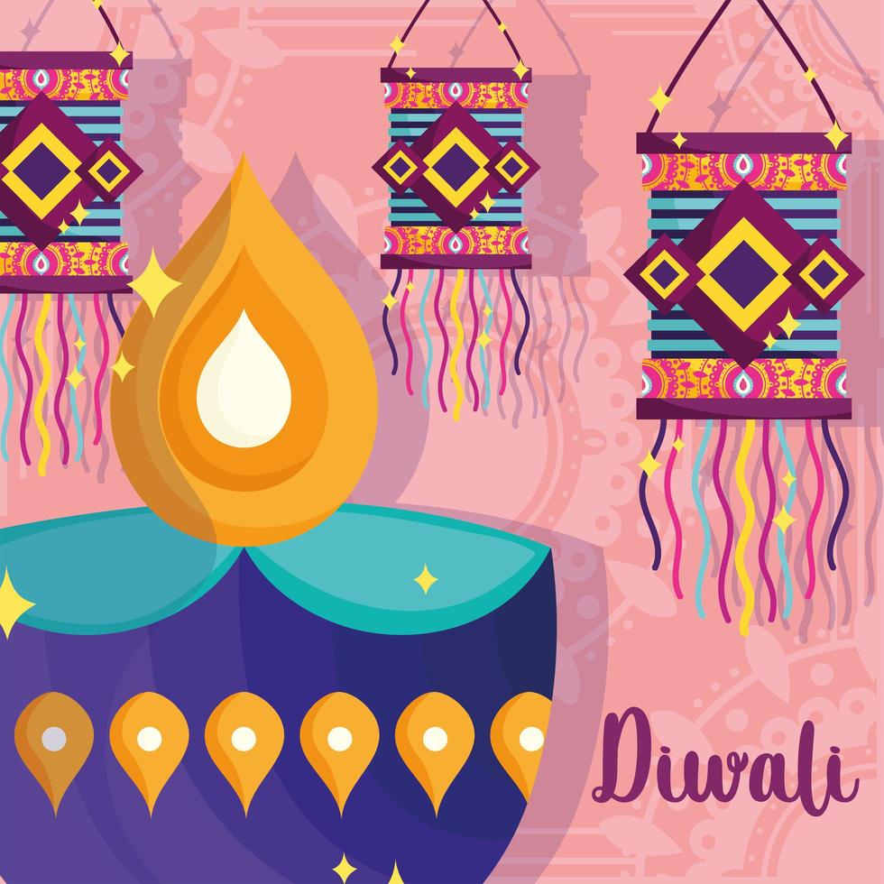 happy diwali festival, diya lamp and lanterns decoration poster detailed vector