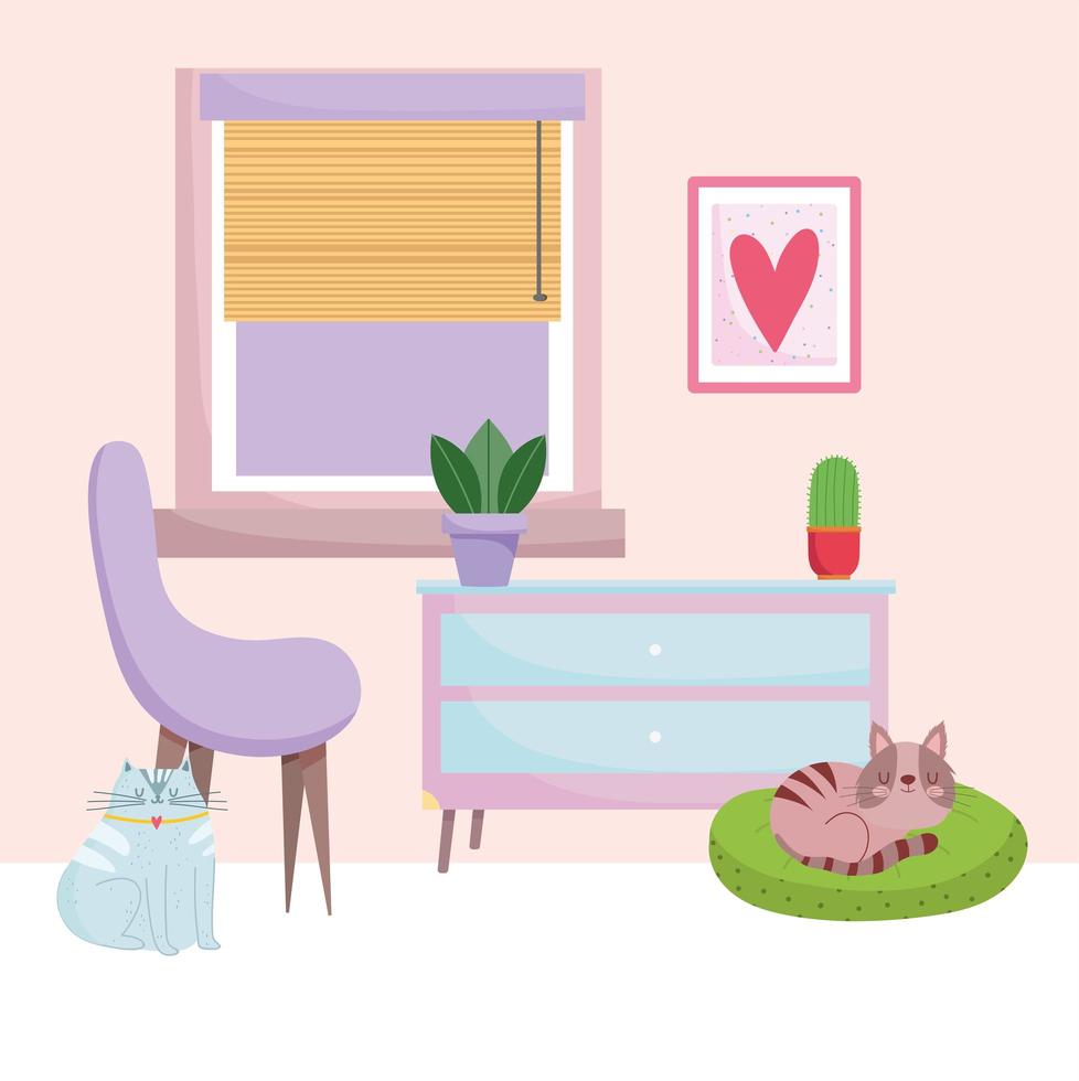 home office workplace purple chair drawers cats potted plants and window vector