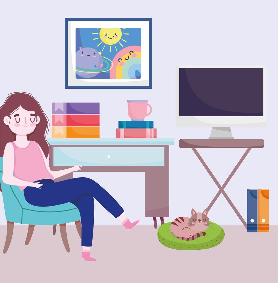 home office workspace, girl sitting on chiar with cat computer table books and coffee cup vector