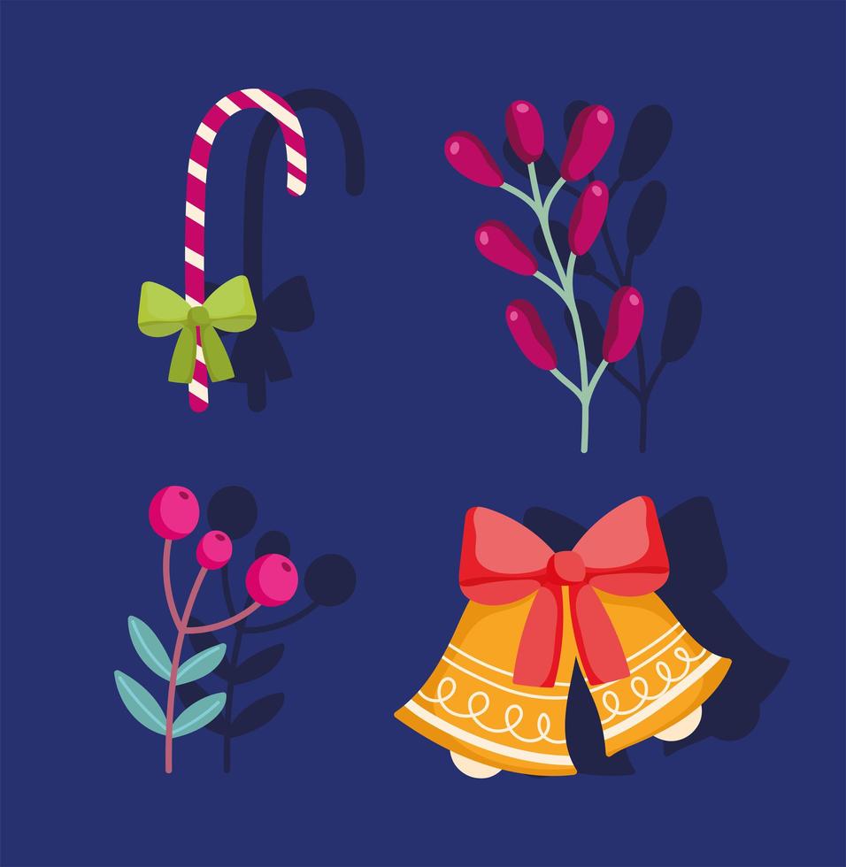 merry christmas, bells candy cane branch holly berry icons vector