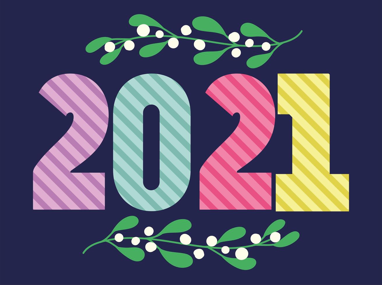 2021 happy new year, stripes number and mistletoe decoration card vector