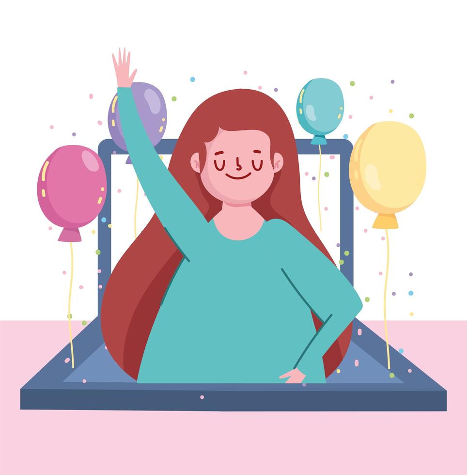 Fiesta en línea, pantalla de computadora portátil mujer feliz con celebración de globos vector