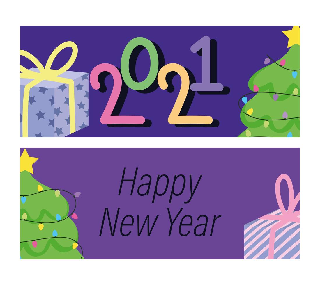 2021 happy new year, banner decorative tree gift boxes cartoon vector