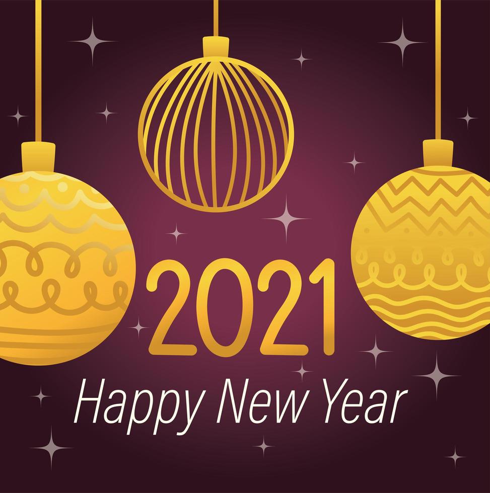 happy new year 2021, hanging balls stars dark background vector