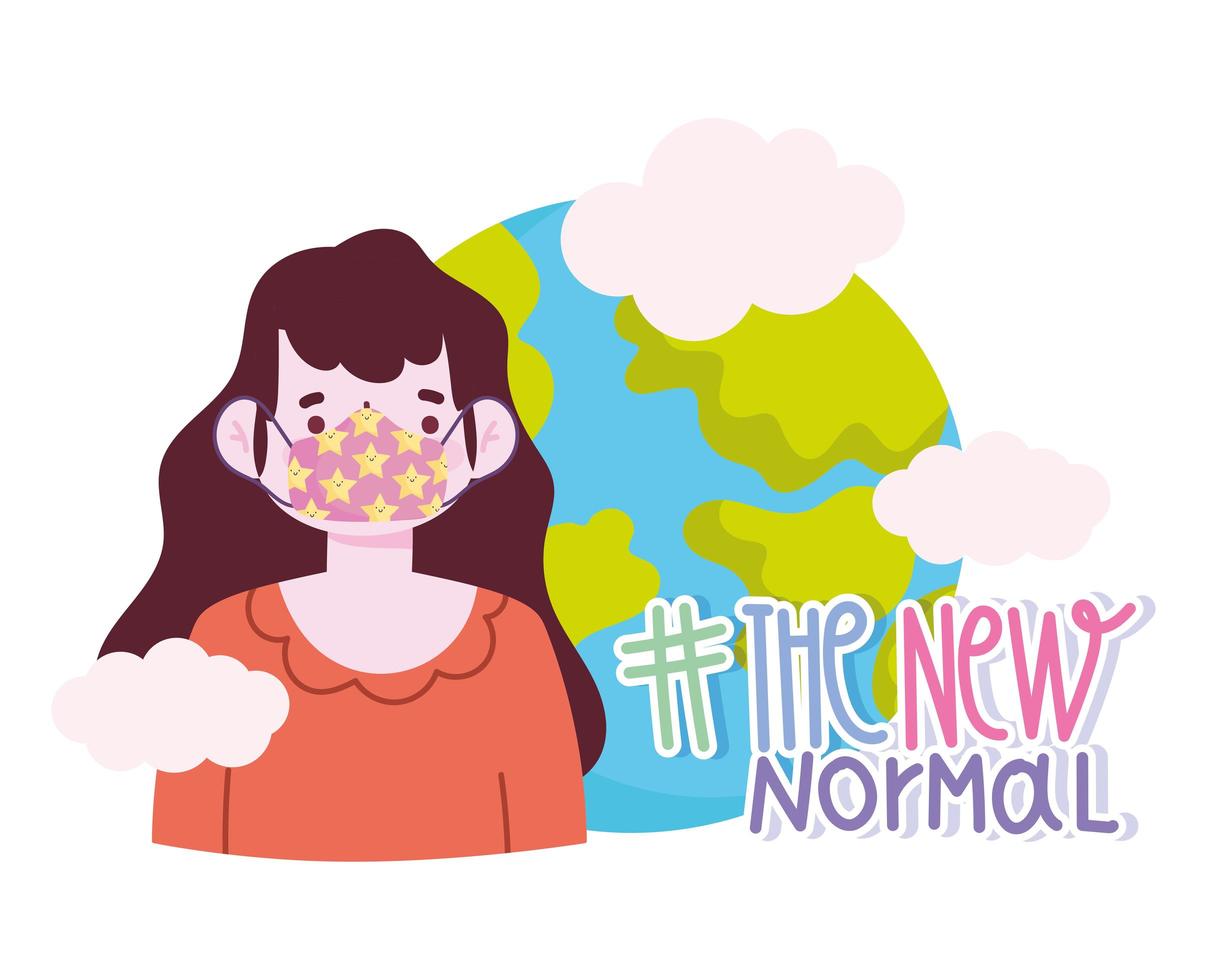 nuevo estilo de vida normal, niña de dibujos animados con máscara protectora y mundo vector