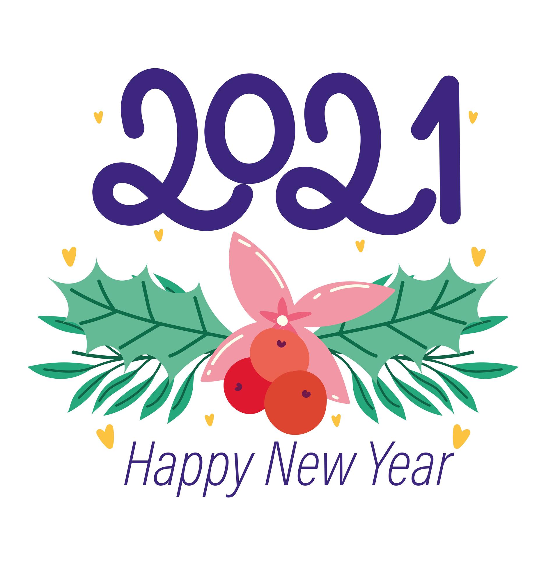2021 happy new year, greeting card flower poinsettia and holly berry