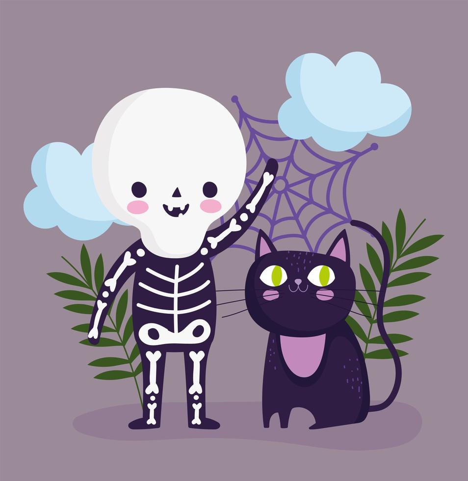 Feliz halloween, disfraz de esqueleto y celebración de fiesta de truco o trato de gato vector