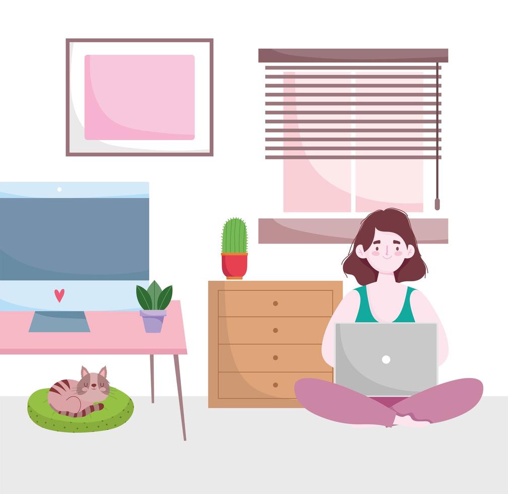 home office workspace, woman works at home with laptop and cat on cushion vector