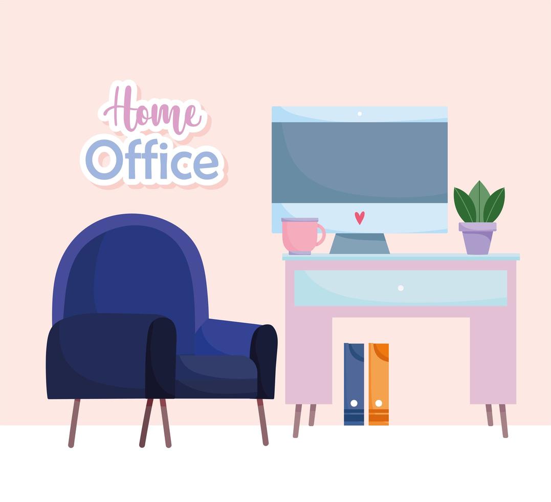 home office workplace chair computer potted plant binder and desk vector