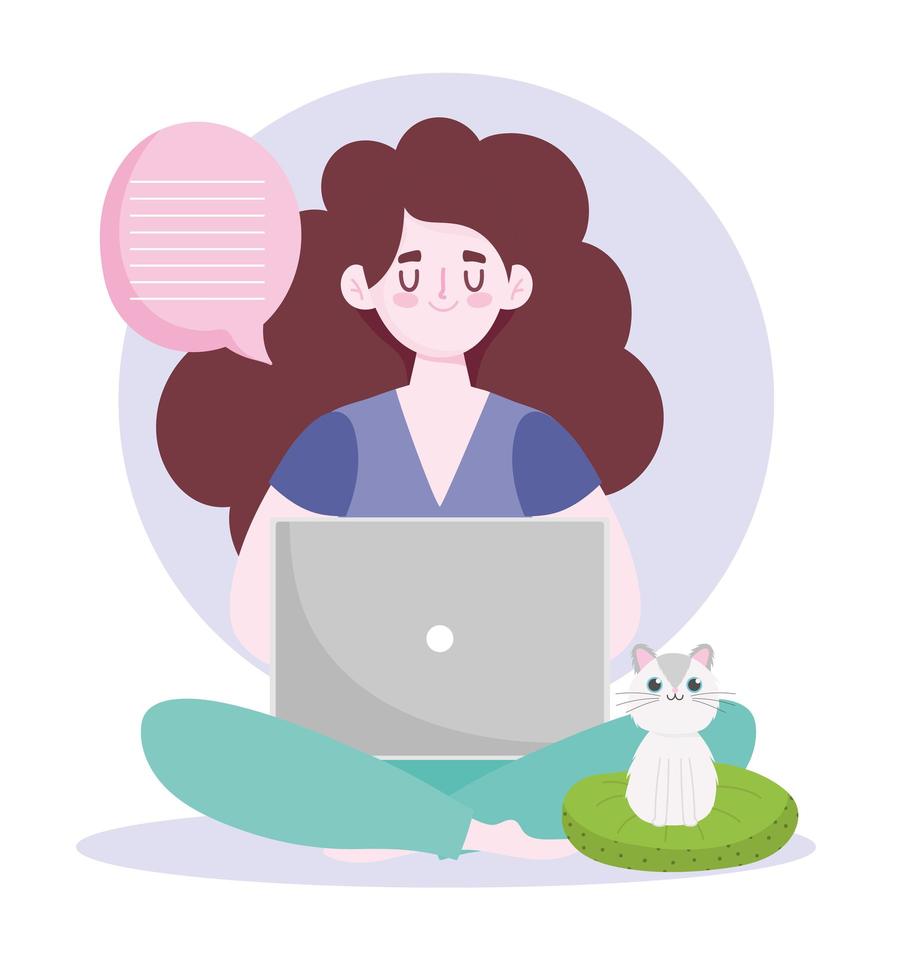 home office workspace, woman and cat on cushions with laptop messaging vector