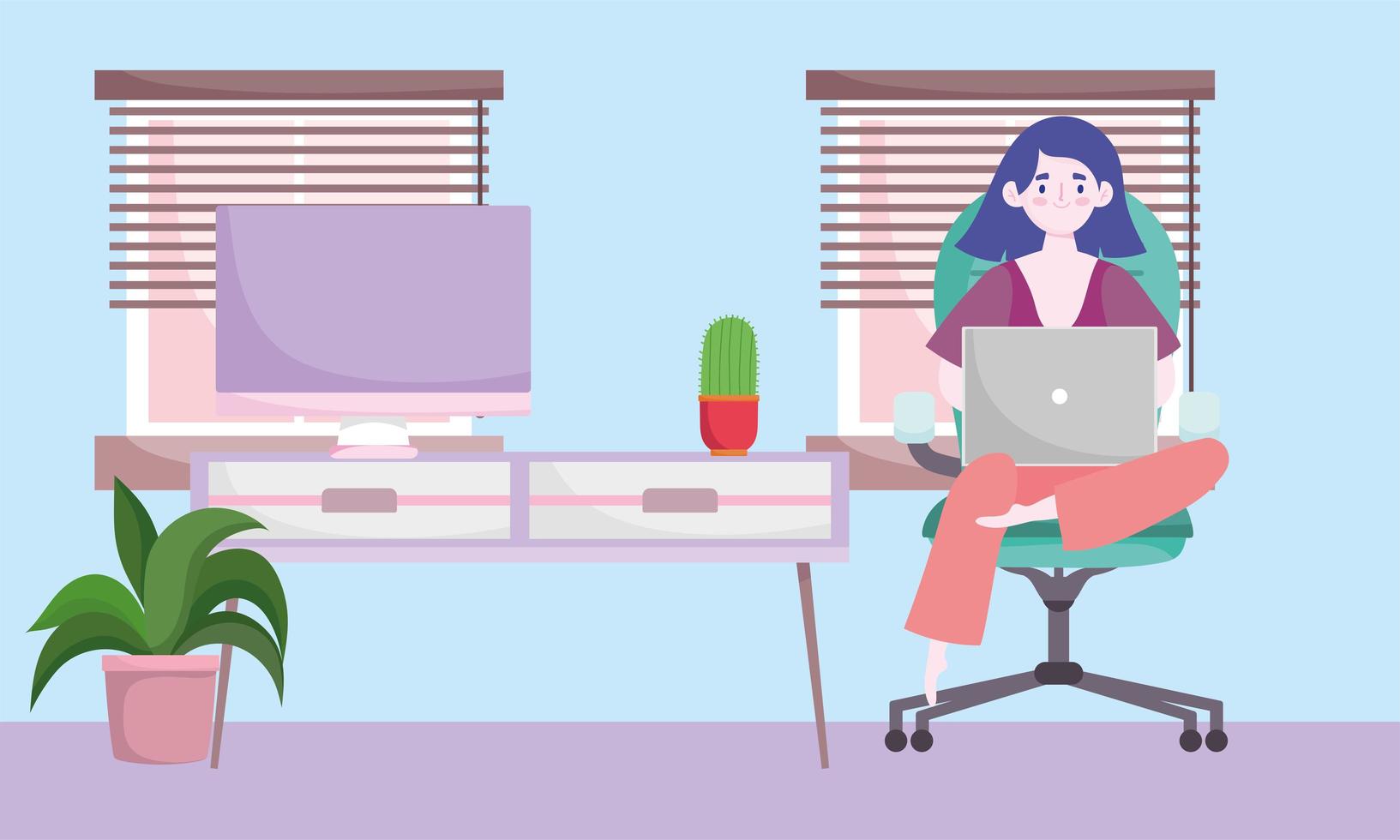 home office workspace, woman sitting at table and working vector
